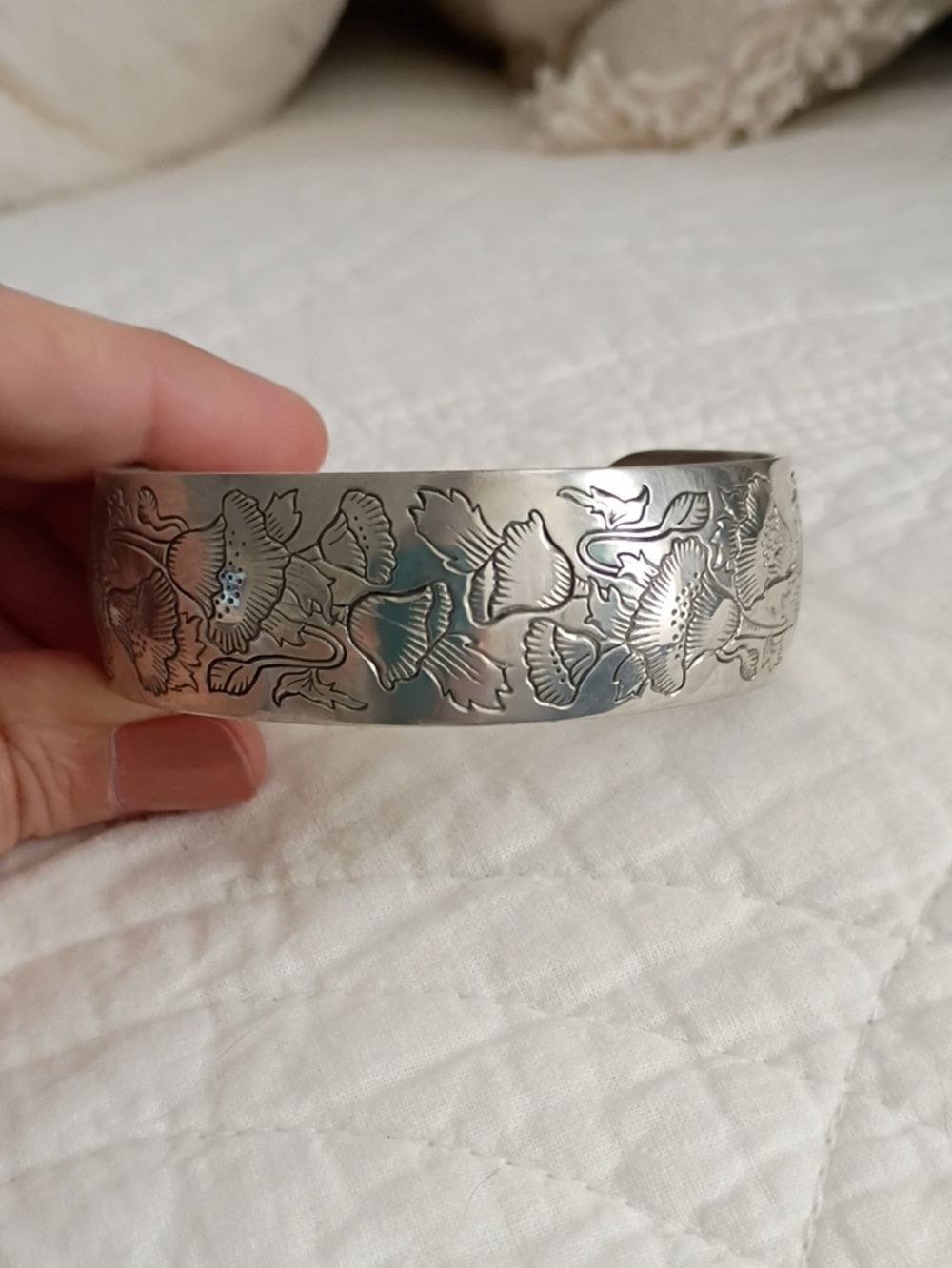 Kirk Steiff Engraved Floral Pewter Cuff Bracelet